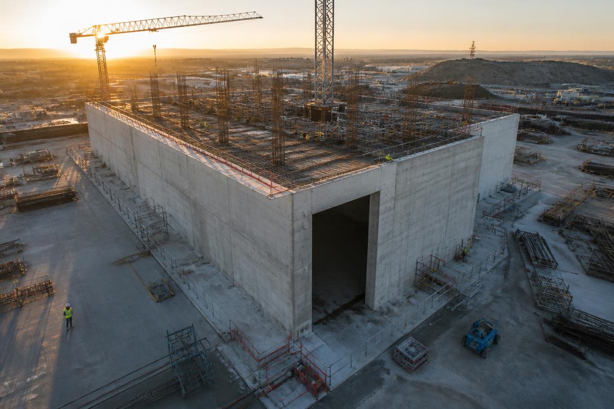 Reinforced concrete construction site at dawn with industrial cranes