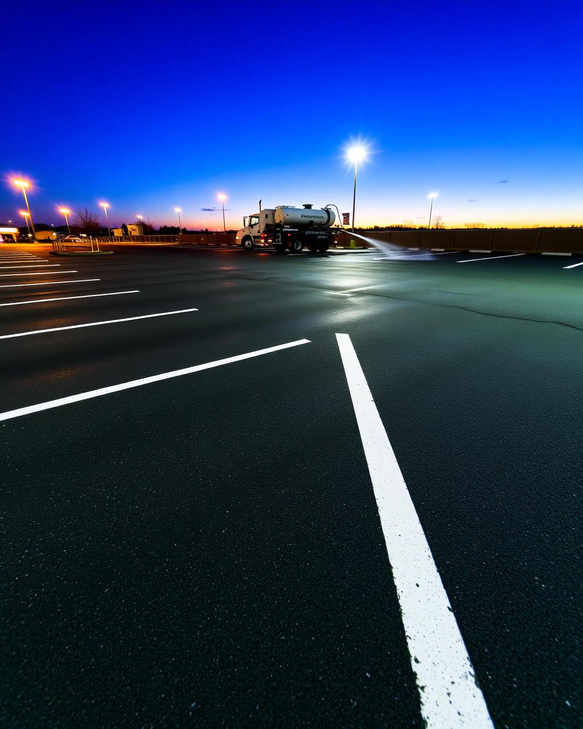 Freshly cleaned commercial parking lot at dusk